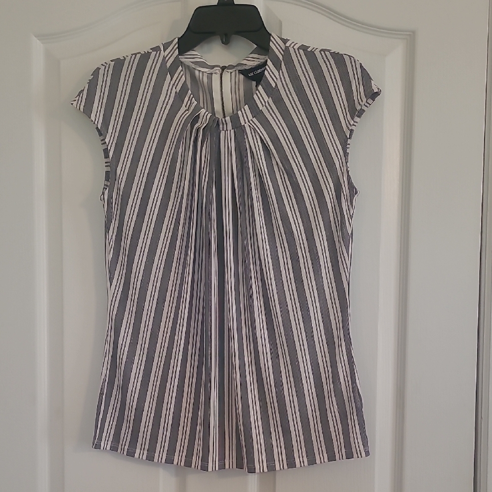 Liz Claiborne Black and White Pleated Mandarin Collar Blouse